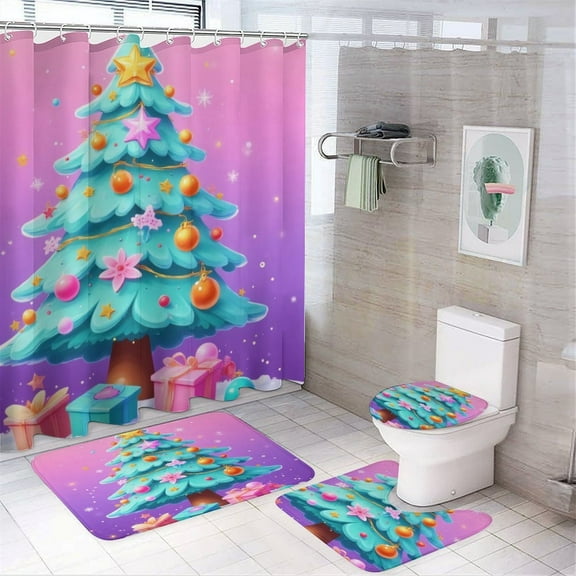 Christmas Tree with Gifts Shower Curtain Set Modern Bathroom Decor Mats 4pcs Fabric Bathroom Curtain Slip Floor Rug Toilet Lid