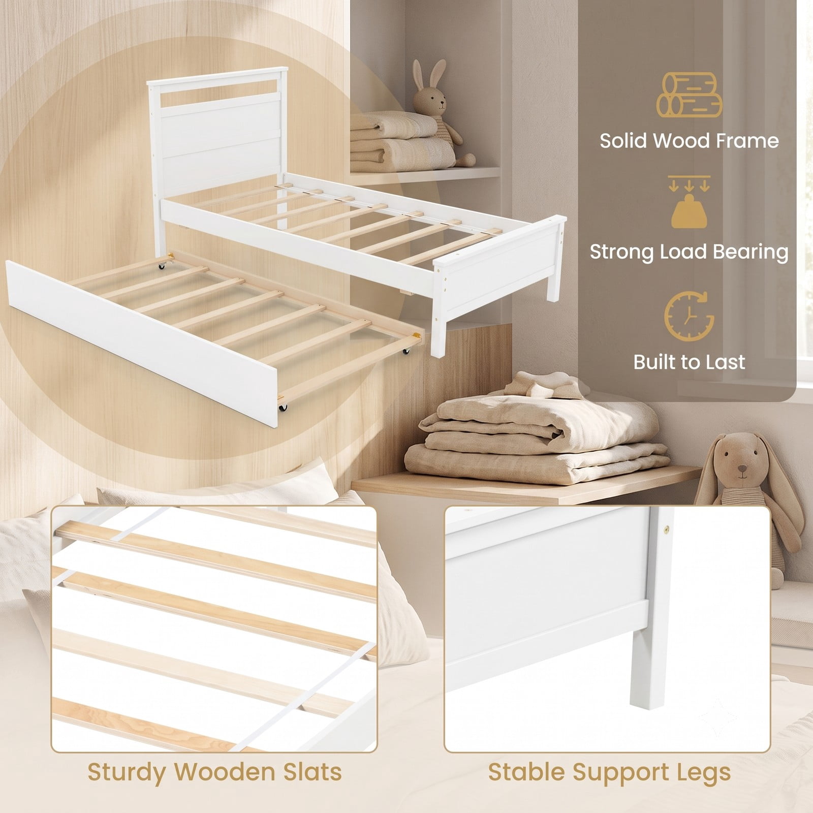 Furnibear Twin Bed Frame Wood Platform Bed with Roll-Out Trundle and Plank Headboard for Kids and Guest Bedroom, White