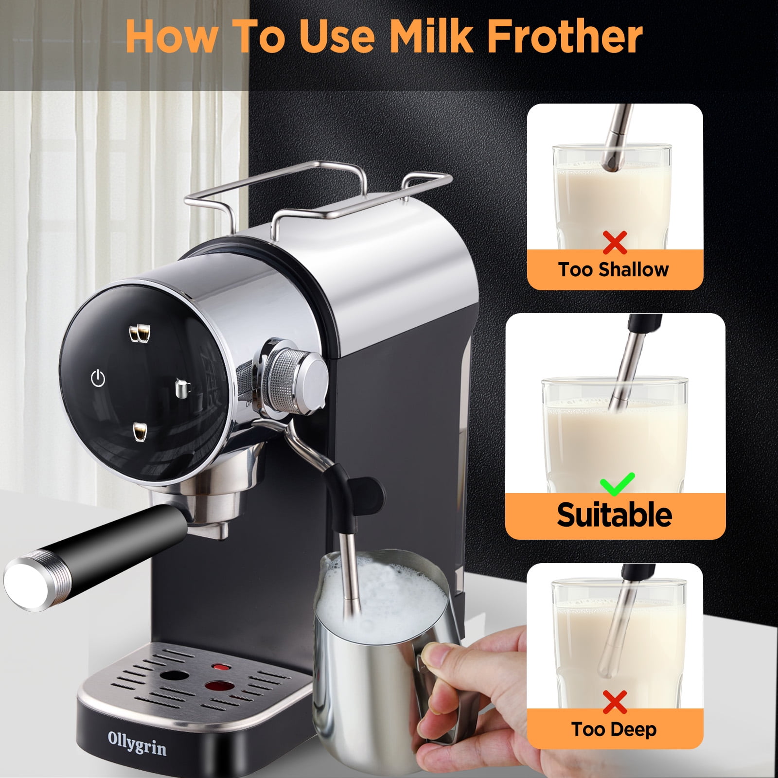 Ollygrin Espresso Machine 15 Bar, Touch Screen Espresso Maker with Americano, Coffee Machine with Steam Milk Frother, Stainless Steel Cappuccino Latte Machine for Cold Brew Home Gifts