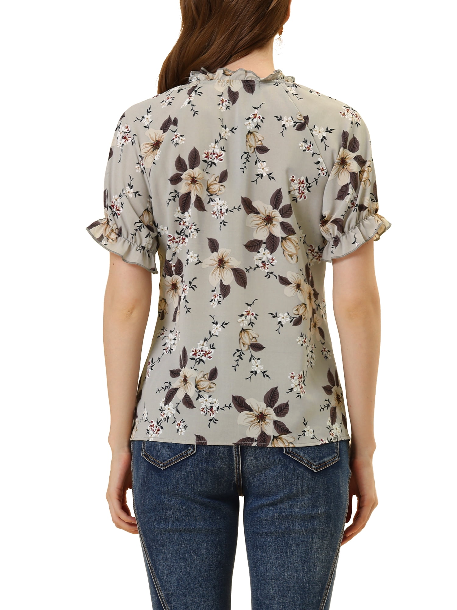 DARING DIVA Women's Floral Ruffled Neck Short Sleeves Top Blouse S Grey