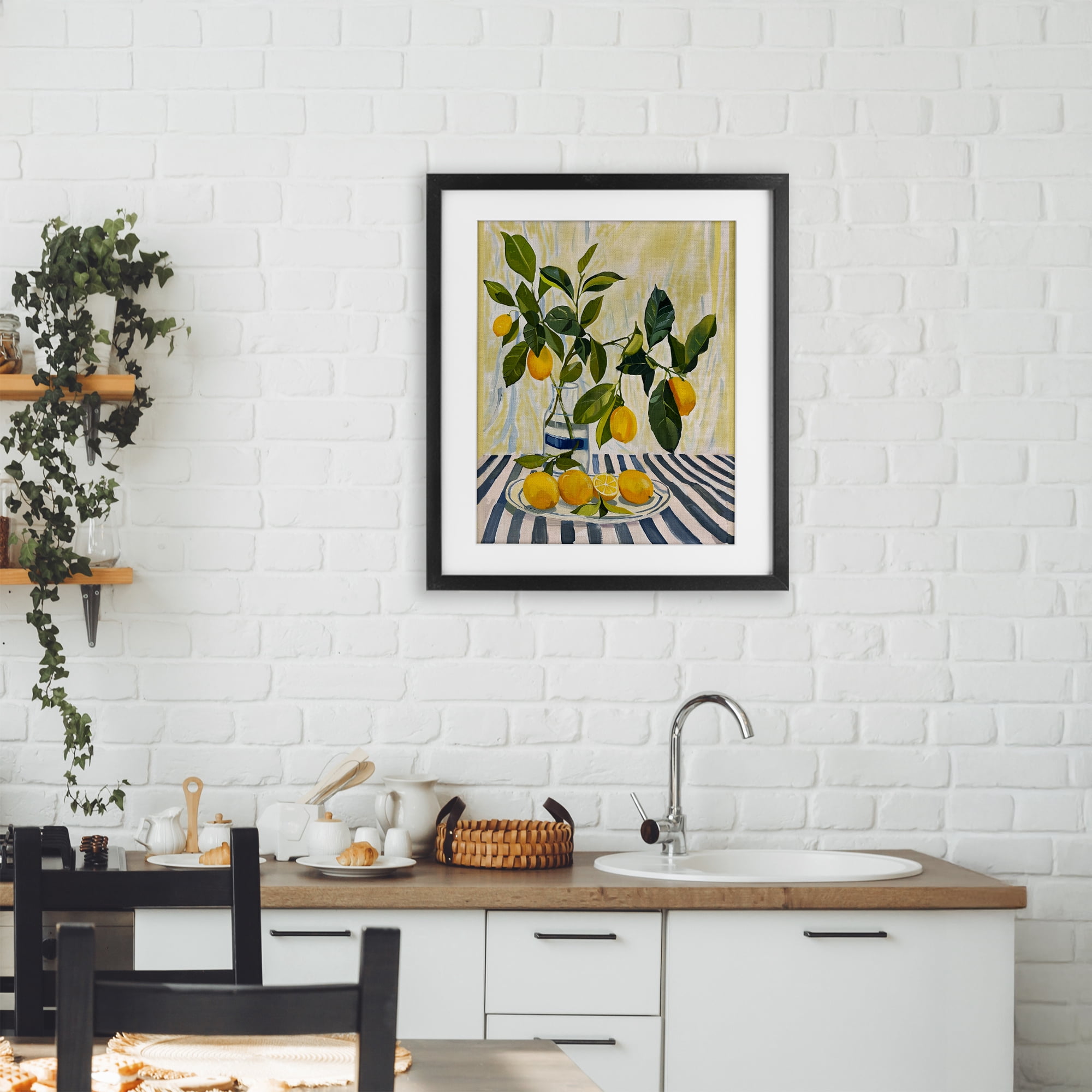 Stupell Industries Lemons on Striped Tablecloth Black Framed Print Under Glass, design by Yen