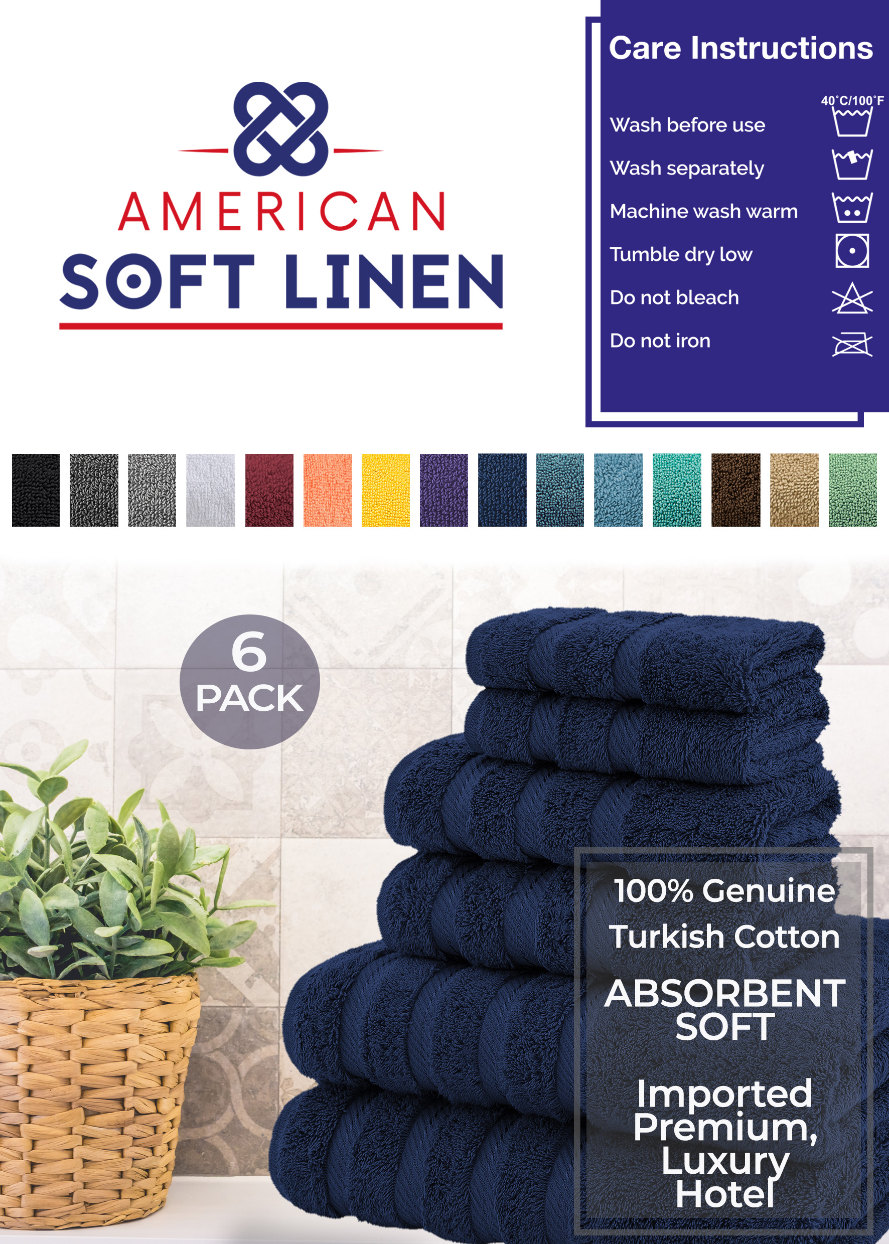 American Soft Linen Navy Blue Turkish Cotton Towel Set, 6-Piece photo 2