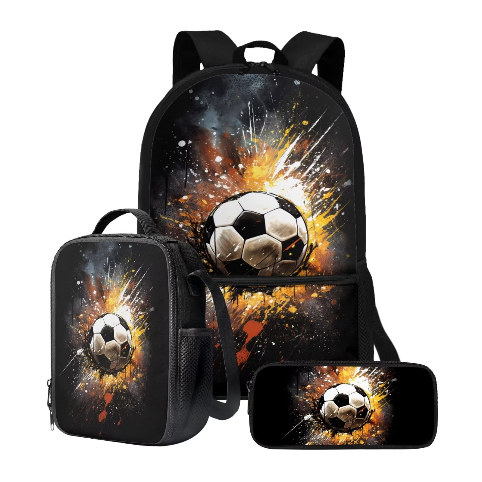 KUIFORTI Fire Soccer Print 3pcs Crossbody Bag Set Lunch Pouch Shoulder Bag Casual Pencil Bag Clutch Purse Lunch Bag Holder