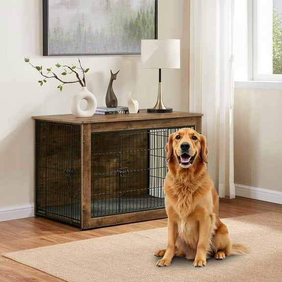Yardi Yarda 44" L×30" W×32"H Dog Kennel Furniture, Wooden Dog Crate End Table, Heavy Duty Dog Crate, Decorative Pet Crate Dog Cage for Large Indoor Use, Rustic Brown