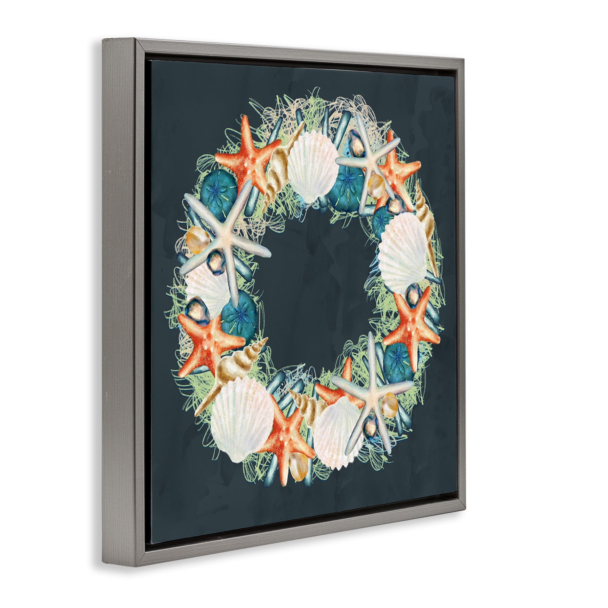 Stupell Industries Starfish and Nautical Seashell Wreath Animals & Insects Painting Gray Floater Framed Canvas Art Print Wall Art, 18 x 18