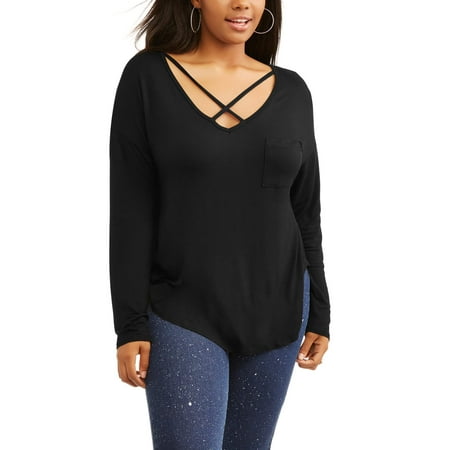 Juniors' Plus Criss Cross Front Neck Long Sleeve Pocket T-Shirt