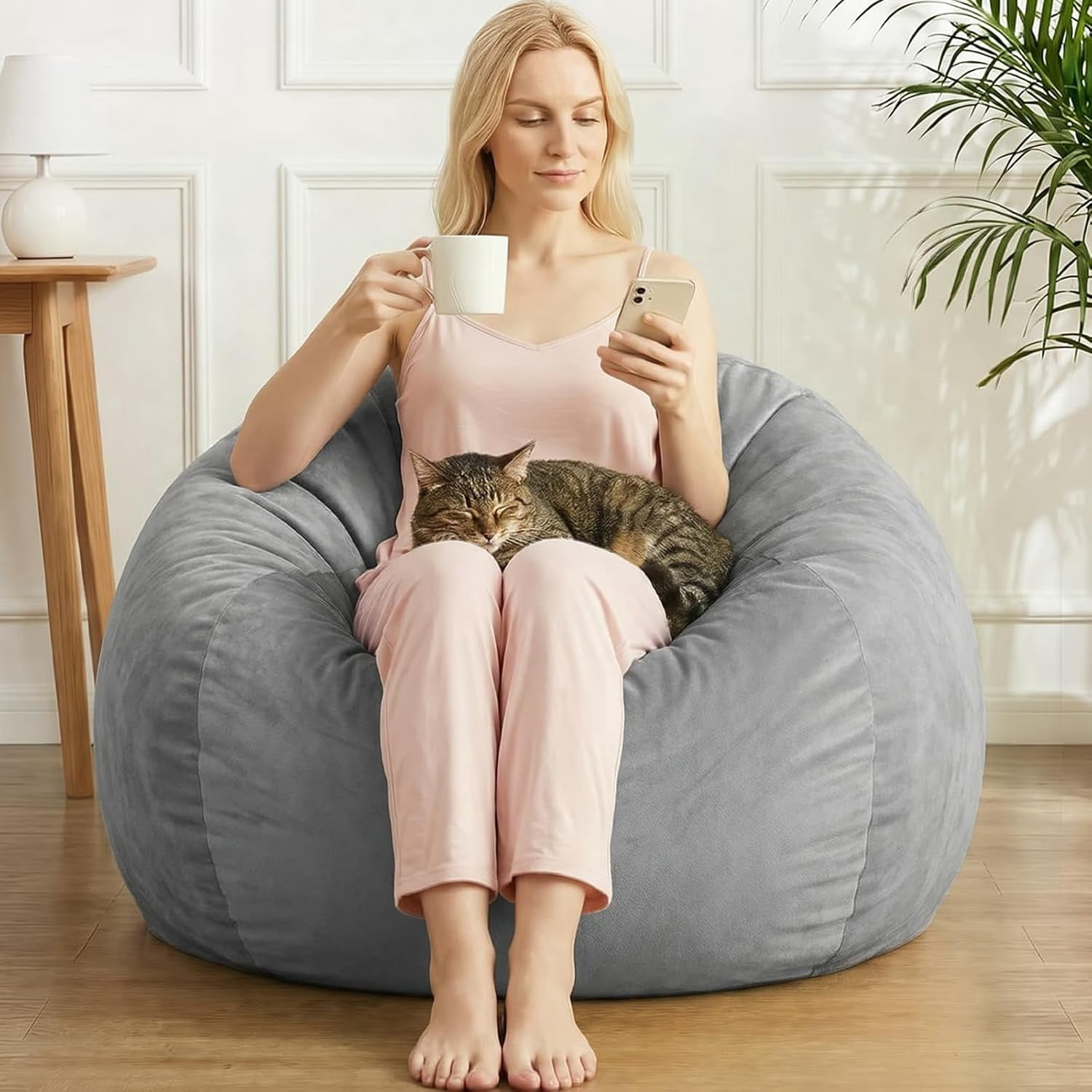 Stuffed Animal Storage Bean Bag Chair Cover for Kids (No Filler), Soft Comfy Velvet Beanbag Chair Cover Machine Washable, Kids Bean Bag Chair with Handle for Living Room Bedroom Dorm,Dark Gray