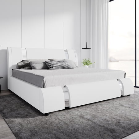 Sha Cerlin King Size Platform Bed Frame with Delux Iron Pieces Decor and Modern Faux Leather  White