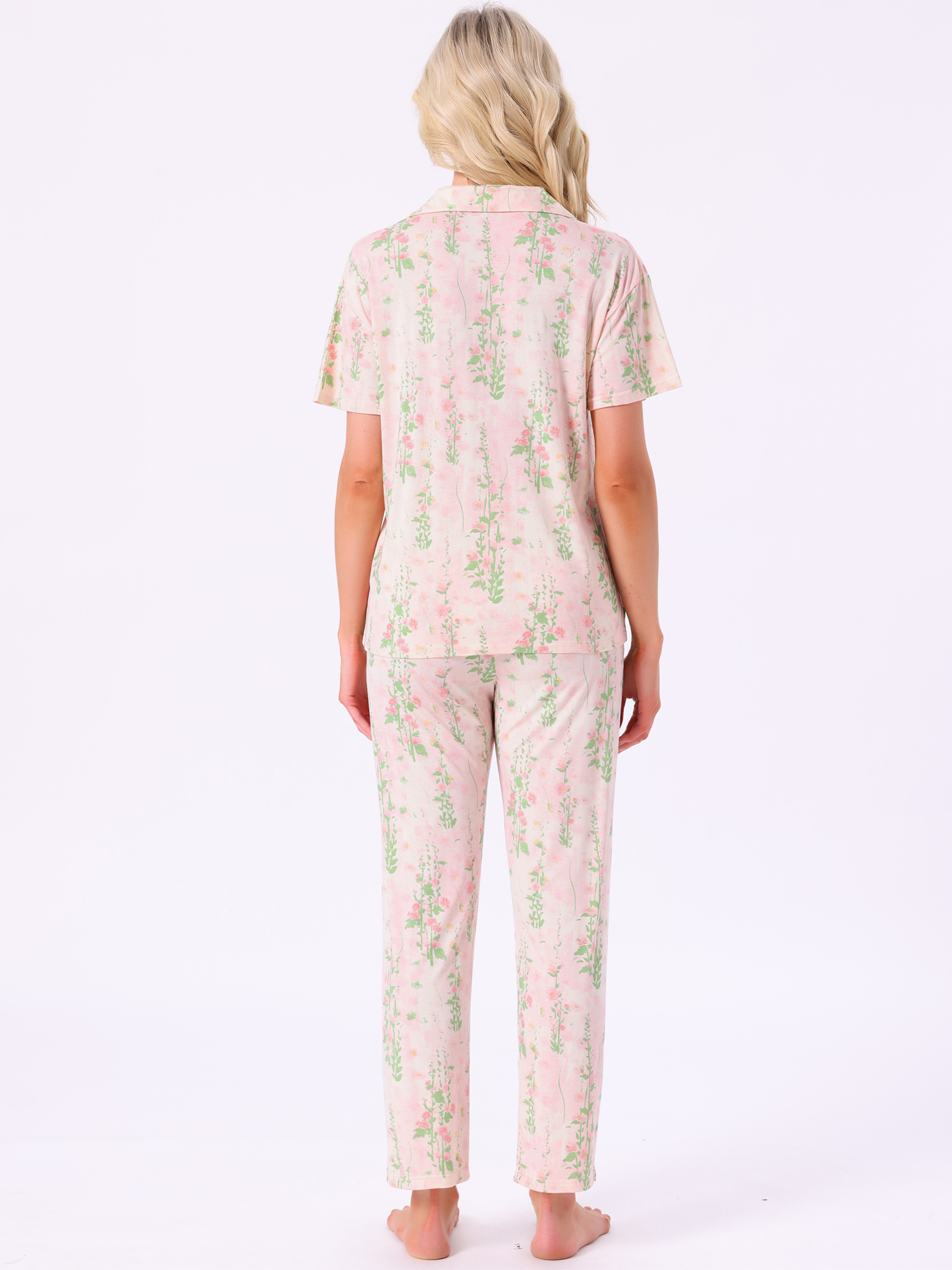 DARING DIVA Tencel Floral Short Sleeve Notched Collar Pants Set XL Pink
