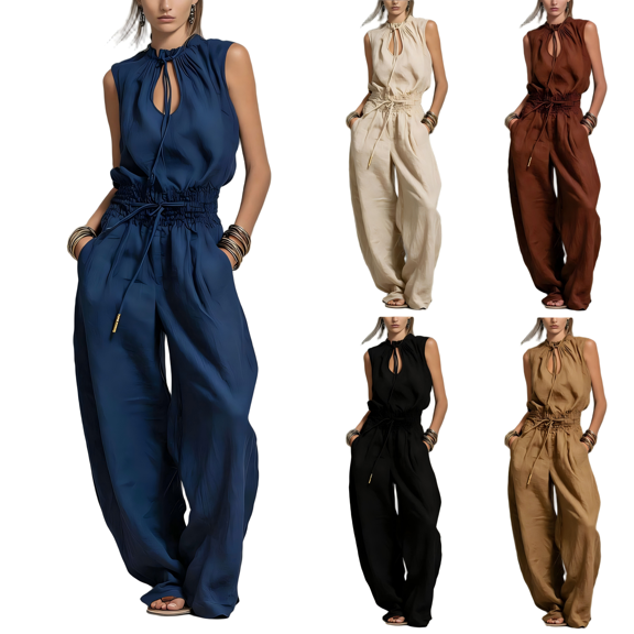 Tqcoqu Women's Sleeveless Tie Neck Cutout Romper,Elastic Waist Wide Leg Linen Blend Jumpsuit with Pockets & Back Zipper,Beige Women's S-XXXL