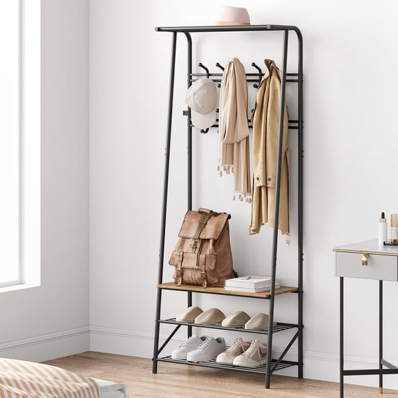 GOCAPTAIN Hall Tree Coat Rack with Shoe Bench and 10 Hooks, Modern Metal Frame & Wood Entryway Organizer for Hallway, Living Room, Brown
