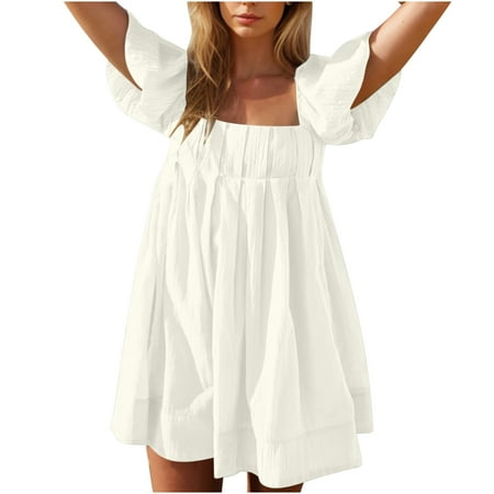 Miluxas Women Puff Sleeve Mini Dress Clearance  Square Neck Short Dress Tie Back Flowy Mini Dress Summer Vacation Dress White L(L)