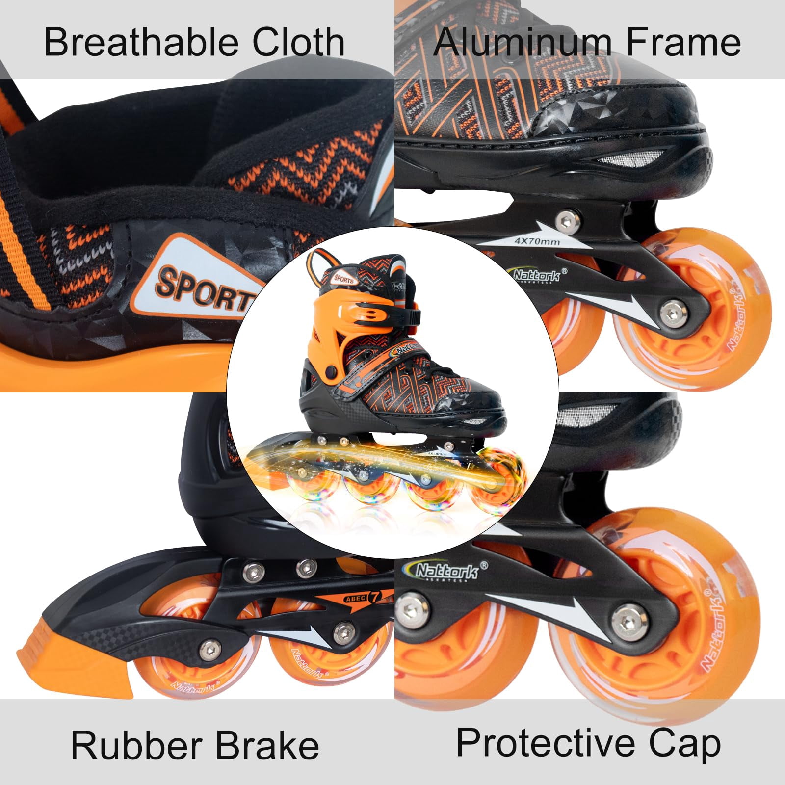 MammyGol Adjustable Inline Skates for Kids with Light-Up Wheels - Youth Teens Roller Skates for Beginners Boys Girls, Outdoor Recreational Skates Orange 5-8