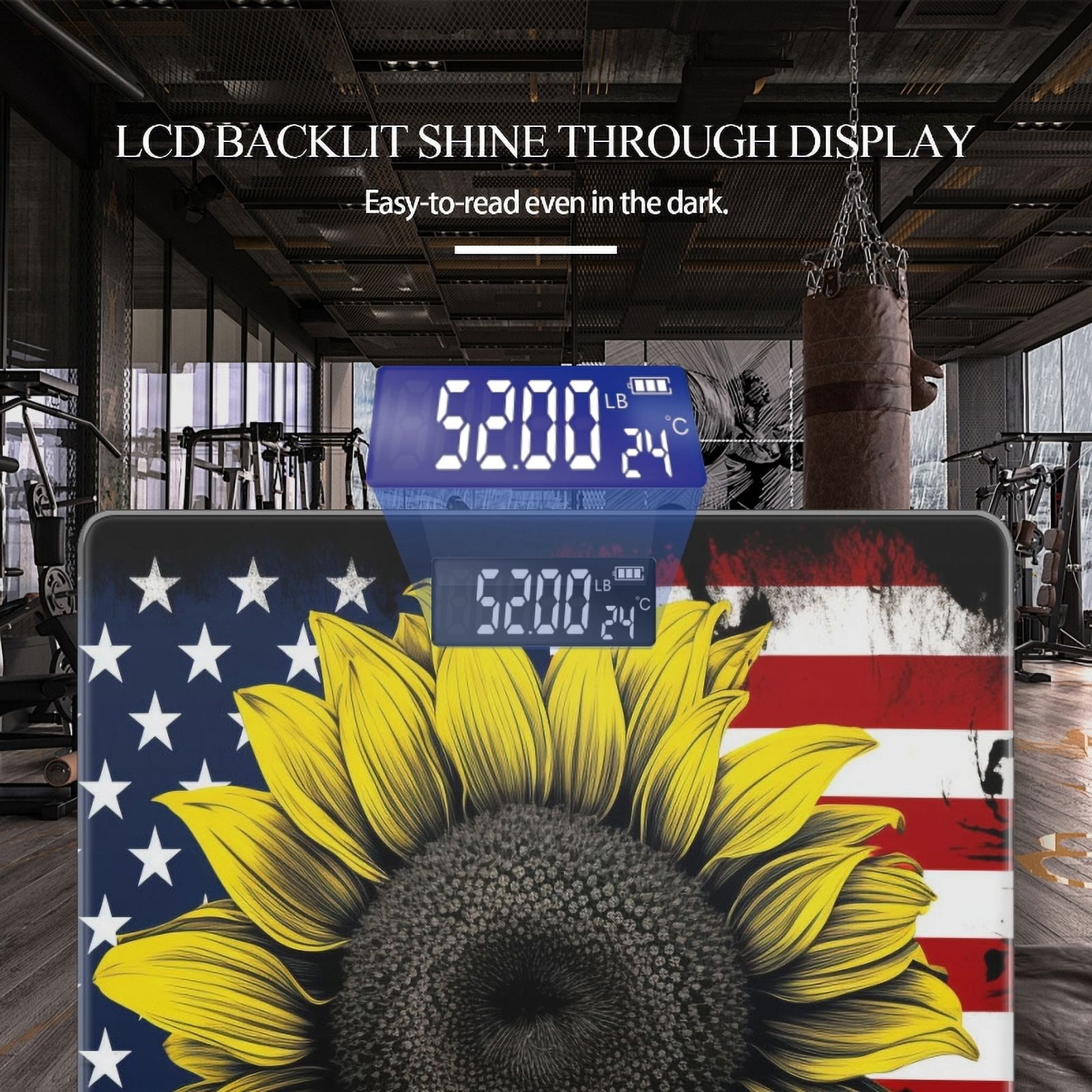 High Precision Body Weight Scale Smart Bathroom Scales with Large LCD Display(400lbs),Decorative for Bedroom-Sunflower On American Flag Background