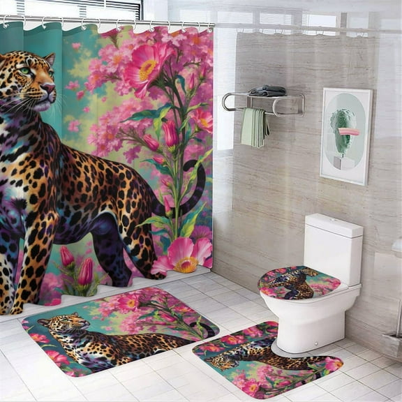 Leopard Print Shower Curtain Set 4-Set Jungle Animal Theme Bathroom Decor Set Includes Floor Mat ,Toilet Cover Mat ,U-Mat ,Shower Curtain with 12 Hooks,72inx72in