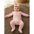 thumbnail image 6 of Gzhioc Newborn Baby Girl Fall Romper Bow Letter Embroidered Waffle Knit Long Sleeve Jumpsuit with Matching Headband 2 Piece Set, 6 of 9