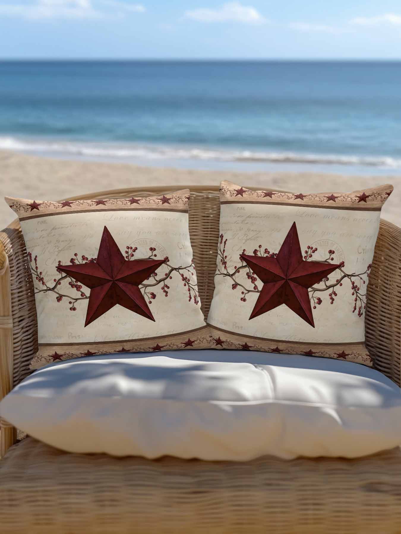 Outdoor Pillows Waterproof, Red Texas Star Rustic Bedding Throw Pillows with Insert for Couch Sofa Bed, Farmhouse Berry Brown Wooden 18x18 Inch Pillowcases Decorative Camping Patio Pillow Set of 2