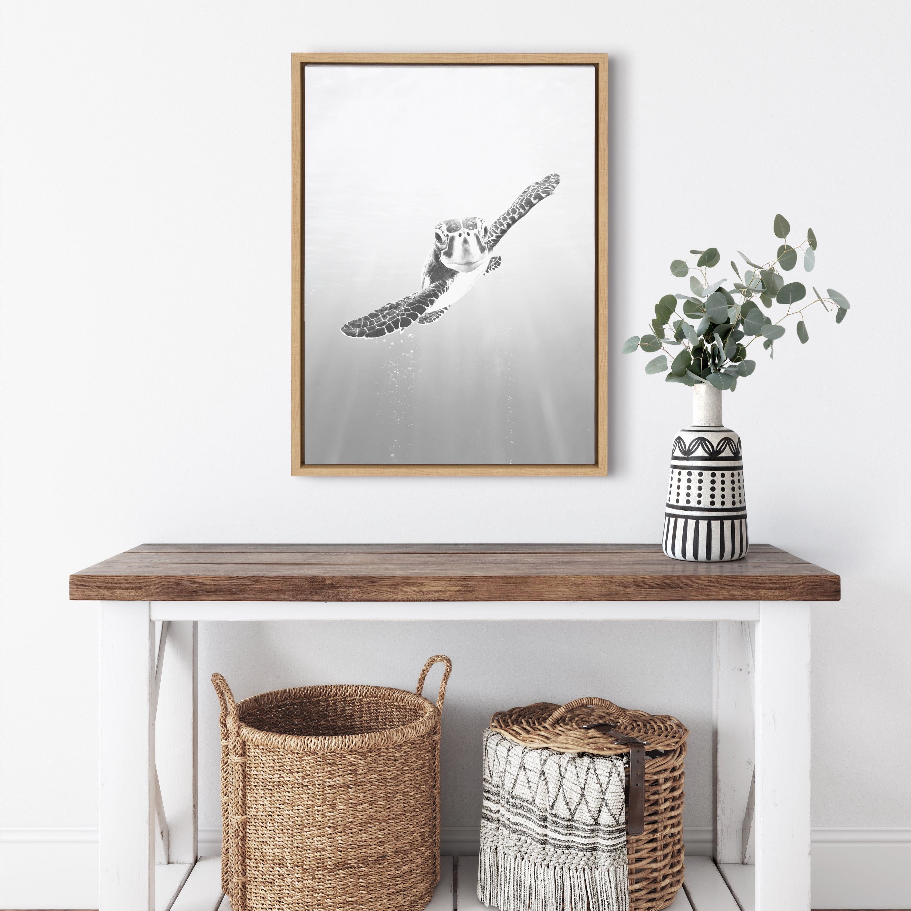 Kate and Laurel Sylvie Sea Turtle Framed Canvas Wall Art by Tai Prints, 18x24 Natural, Adorable Animal Art for Nursery