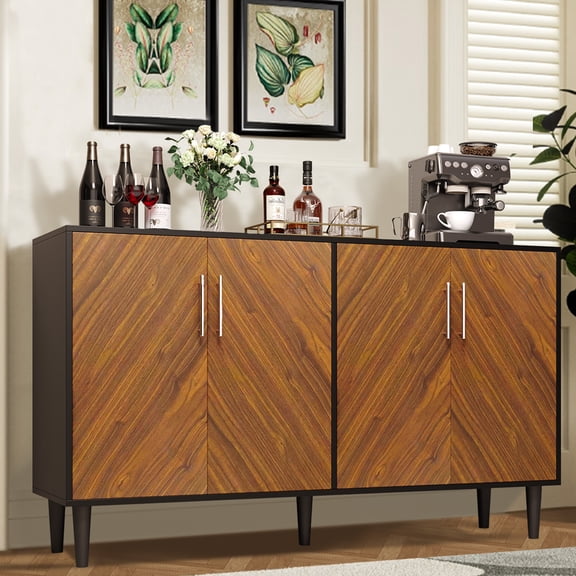4 EVER WINNER 58" Buffet Cabinet with Storage, Vintage Sideboard with Adjustable Shelves & Metal Handle, Mid Century Modern Coffee Bar for Kitchen, Dining Room, Black