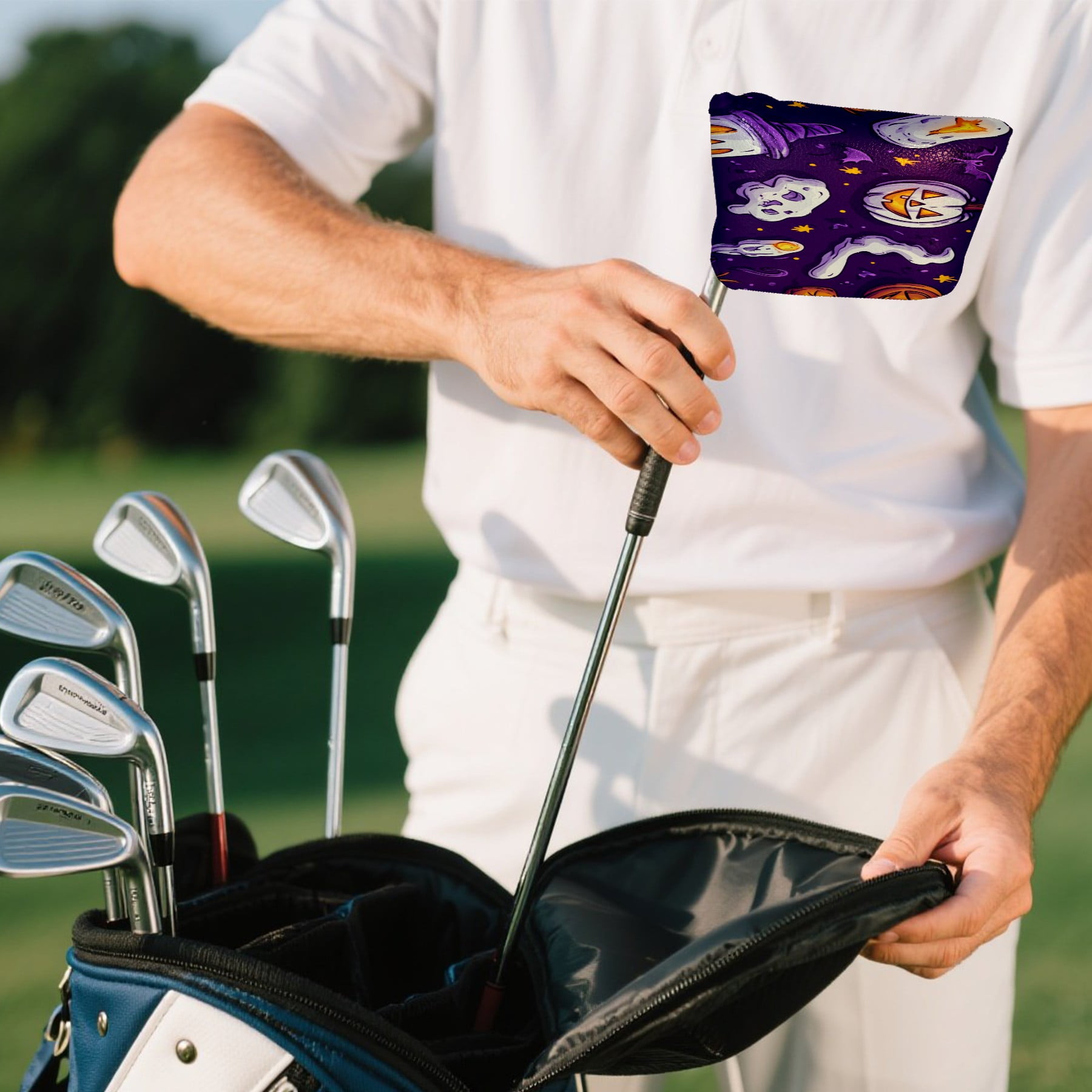 Golf Mallet Putter Cover Premium Leather Waterproof Golf Putter Head Cover with Magnetic Closure Halloween Cartoon Style