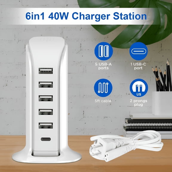 GJX Charging Station For Multiple Devices 40W, Wall Charger Block 5 USB Ports(Shared 6A), Tower Charging Station with Type-C 3A for iPhone Tablets Smartphones, Home Office Use, Travel Accessories