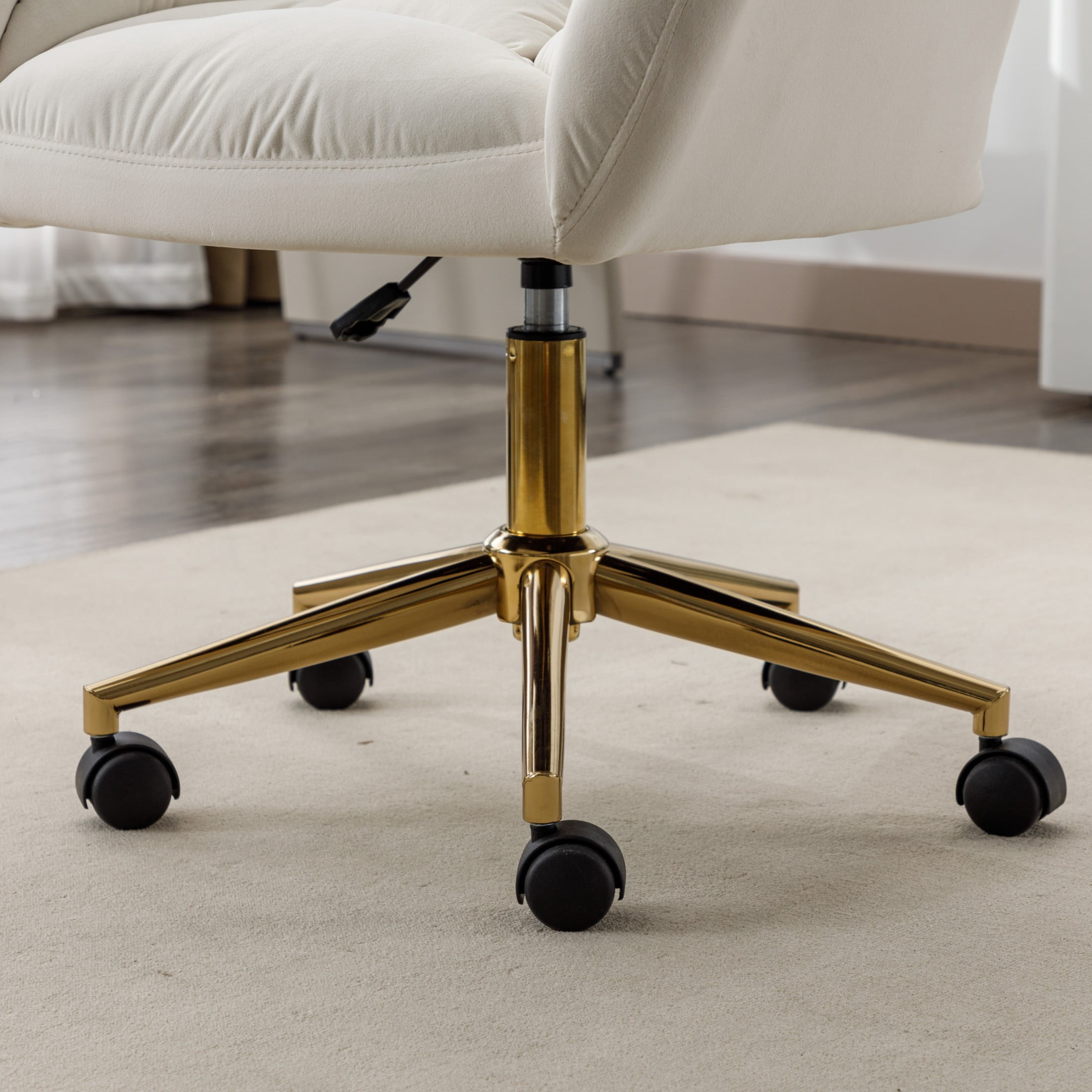 Noble House Rostin Velvet Swivel Home Office Chair, Ergonomic Makeup Vanity Seat with Adjustable Gold Base, Ivory