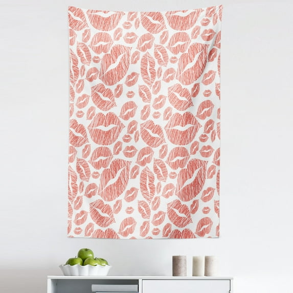 Romantic Tapestry, Hot Retro Lady Lipstick Marks Feminine Women Girls Art Image Print, Fabric Wall Hanging Decor for Bedroom Living Room Dorm, 5 Sizes, Vermilion and White, by Ambesonne