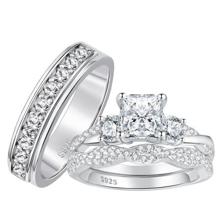 SFTING Wedding Rings Set for His and Her 925 Sterling Silver Couple Rings Set Princess Round Cut Men Ring Promise Engagement Rings Size 9&7
