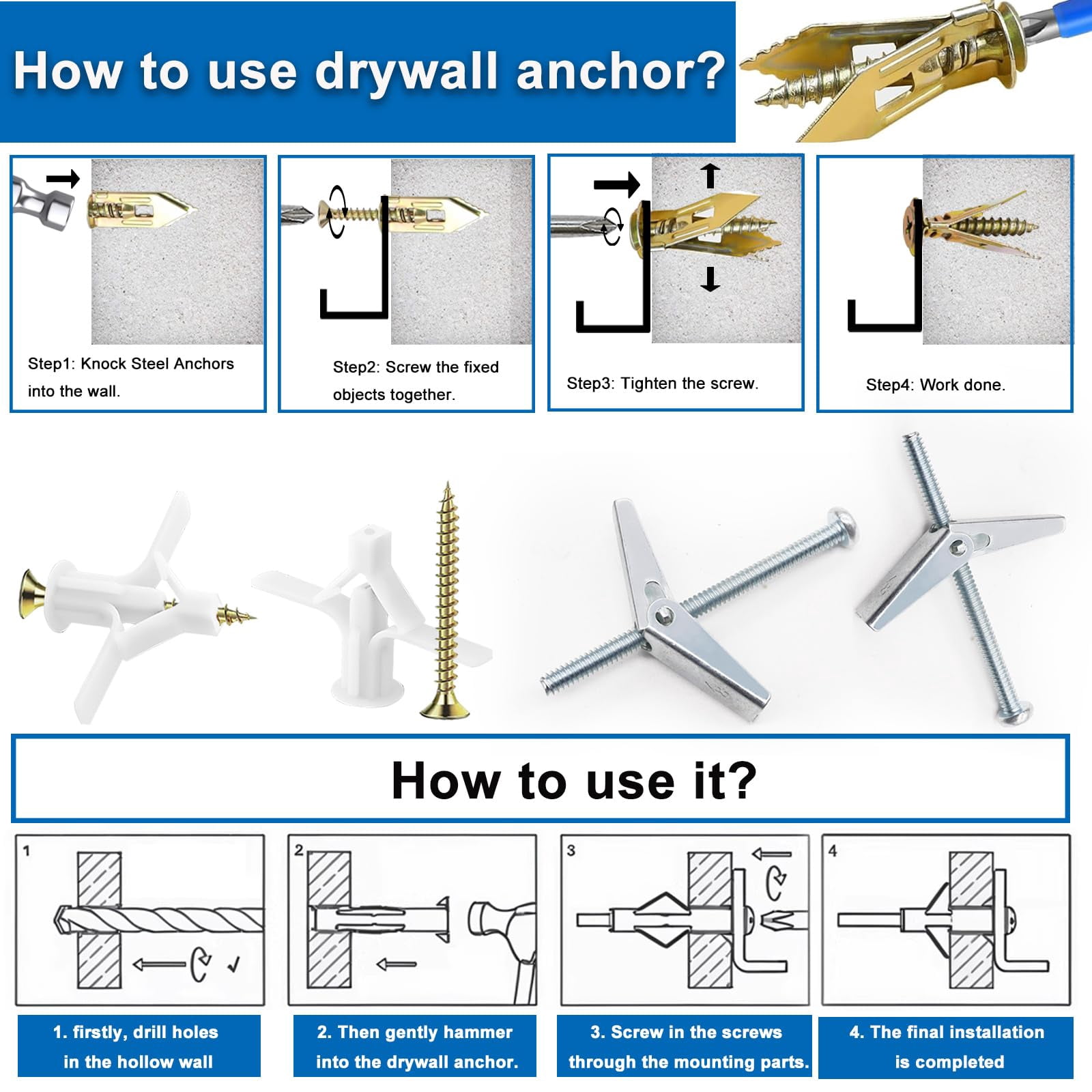 410 PCS Self Drilling Drywall Anchors with Screws Kit - 2 Sizes Sheetrock Anchors & 4 Sizes Zinc Expansion Screws,2025 Upgraded Zinc Plated Steel,No Drill Needed, Holds Up to 66LB on Walls