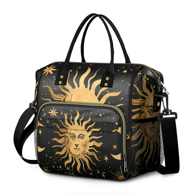 Dark Gothic Celestial Art Insulated Lunch Bag, Large Leakproof Cooler Tote with Cosmic and Lunar Patterns, Adjustable Shoulder Strap