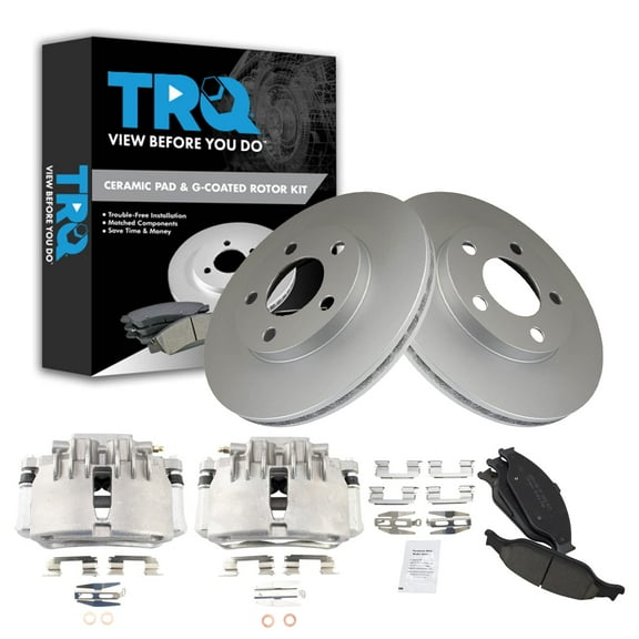 TRQ Front Brake Pad & Rotor Kit Brake Caliper Brake Pads Brake Rotor Ceramic Vented Premium G-Coated Fits Select 1999-2002 Ford Mustang