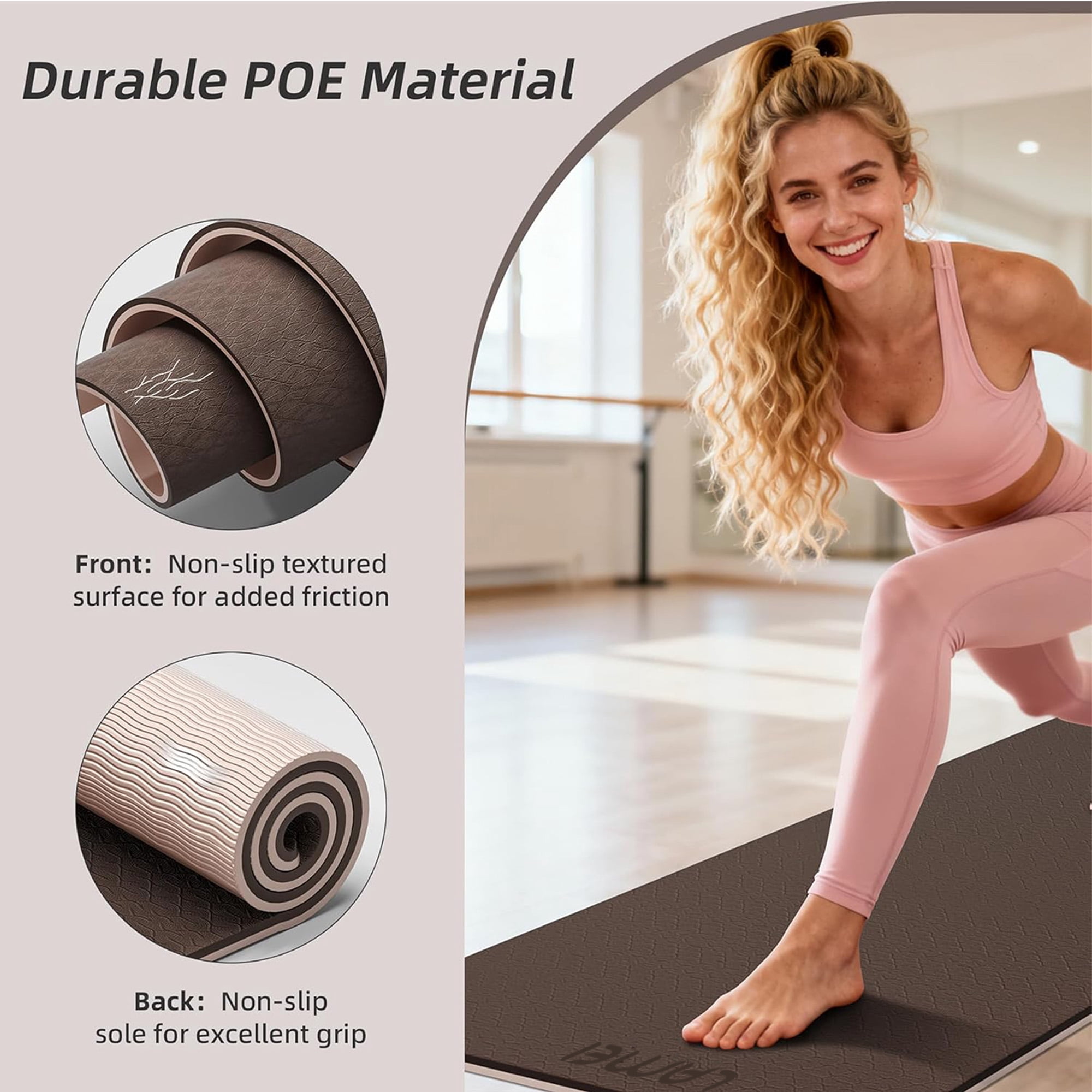 LAMEI Yoga Mat Thick 10mm, 31.5" Extra Wide for Men and Women, Non-Slip TPE Exercise Matt, Two Tone Fitness Mats with Straps for Carrying(Brown+Beige)
