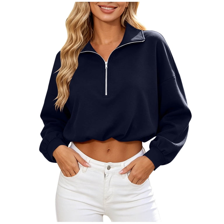 EazyTech Women's Quarter-Zip Mock Neck Crop Sweatshirt with