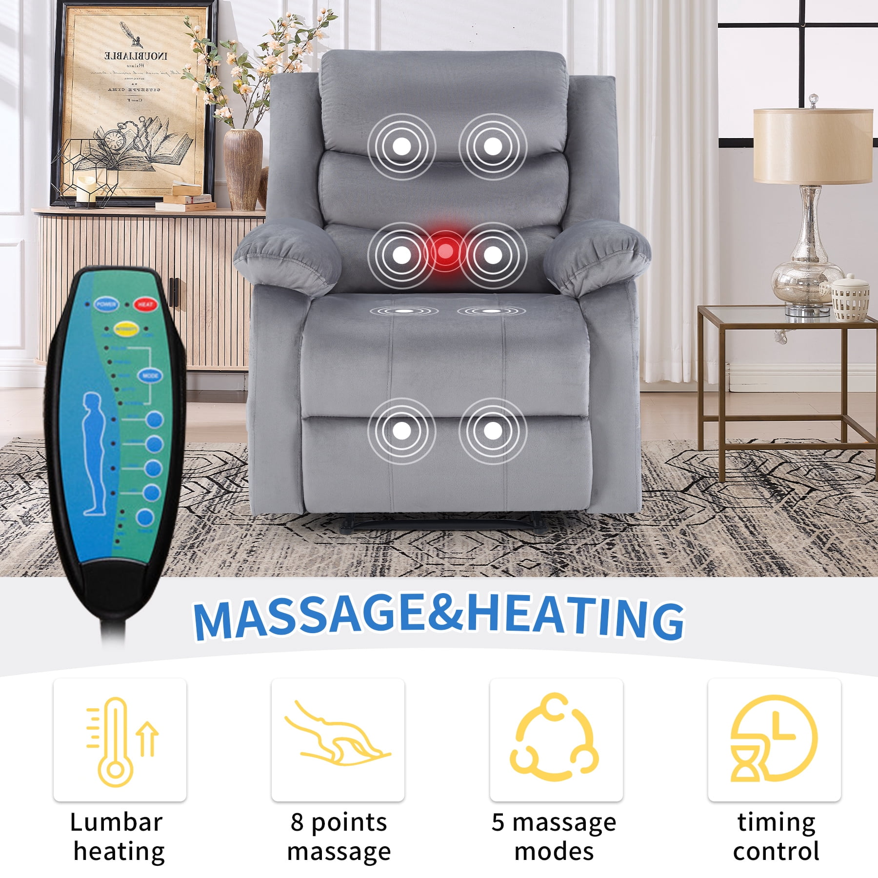 Bonzy Home Massage Recliner Modern Cloth Recliner Chair with Massage & Heating Breathable Fabric, Gray