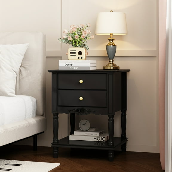 OxyLife Nightstand with 2 Drawers, Bottom Shelf & Carve Pattern, Modern Wooden Night Stand Bedside Table for Bedroom Living Room,Black