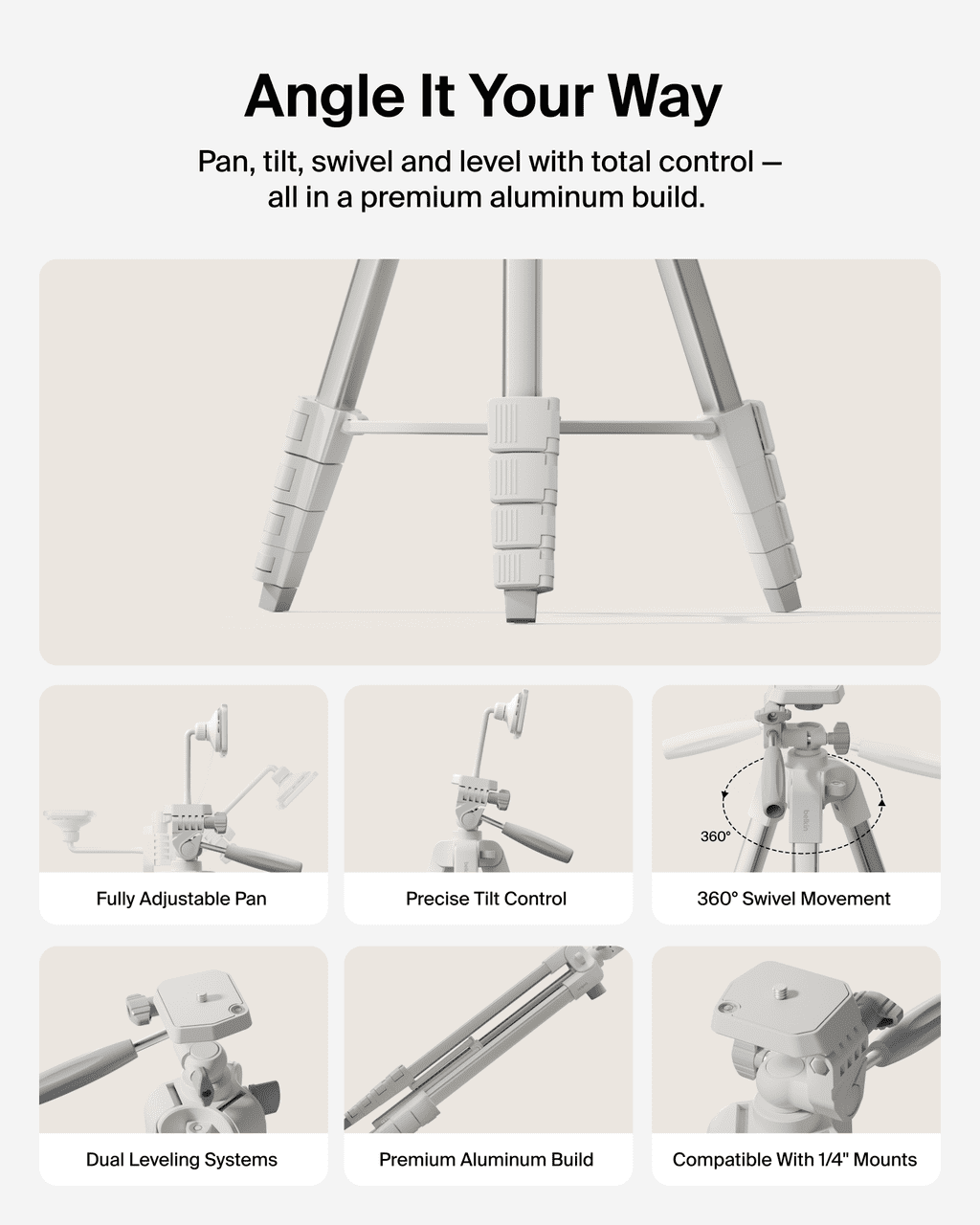Stage Tripod for iPhone, Android, Camera, Lightweight Travel Stand with Sand Finish, Sturdy Portable Design for Video Recording, Photography, YouTube, Vlogging and Content Creation