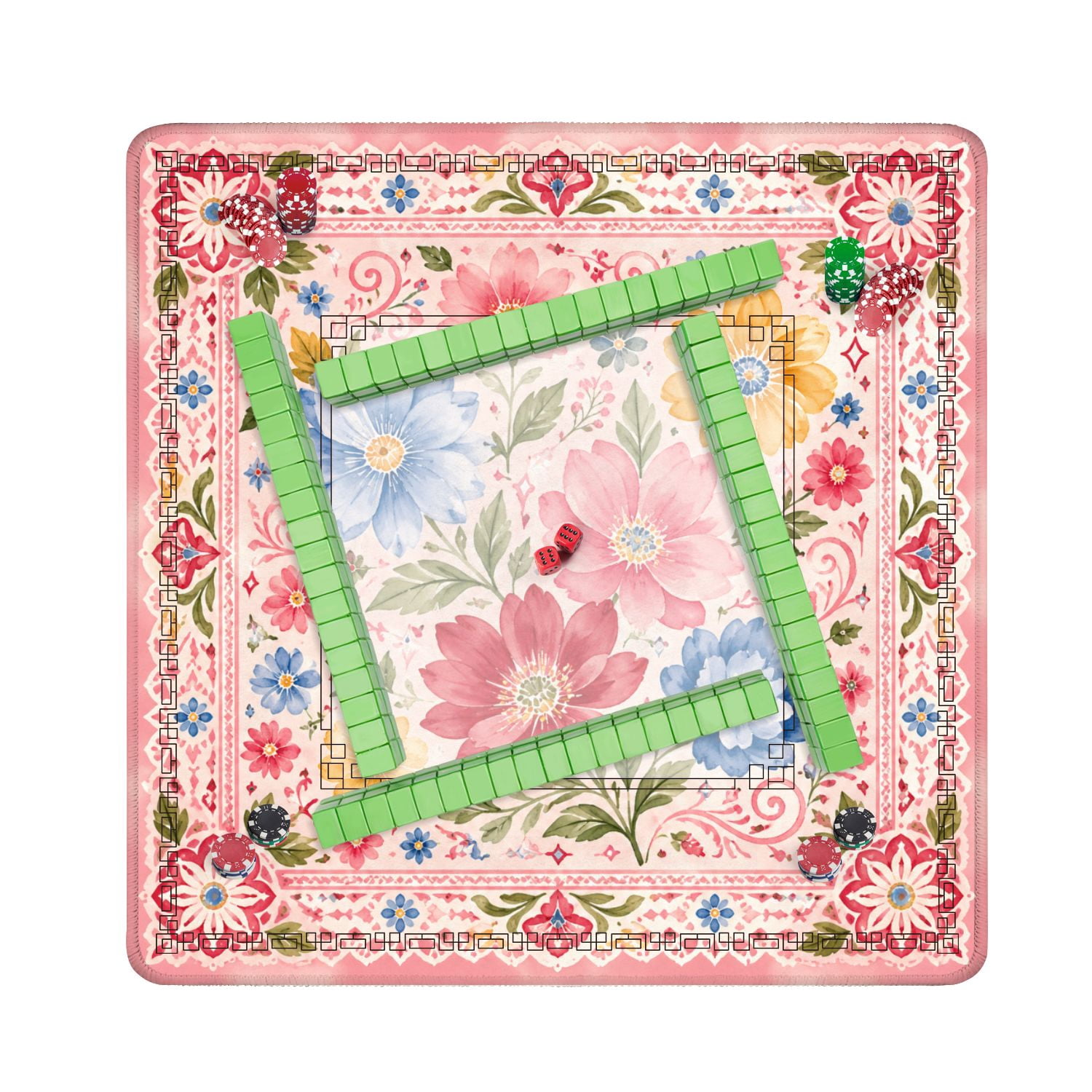 Mahjong Mat 31.5" x 31.5" Colorful Floral Watercolor Red Pink Blue Yellow Flowers Decorative Non-Slip Noise Reduction American Mahjong Tiles Table Cover for Dominoes Poker Card Board Games Gift