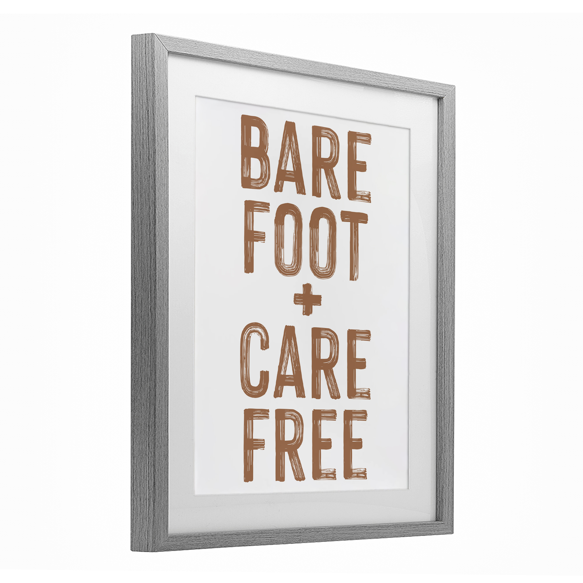 Barefoot Carefree Summer Sentiment Gray Framed Print Under Glass, design by Lettered and Lined