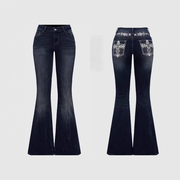 2026 New Women's Dark Wash Cross Embroidery Back Pocket High Waist Flare Denim Jeans Vintage Western Bootcut Pants