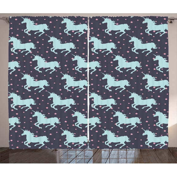 Ambesonne Cartoon Curtains 2 Panel Set, Unicorn Spot Stars, 108" x 84", Dark Blue and Pink