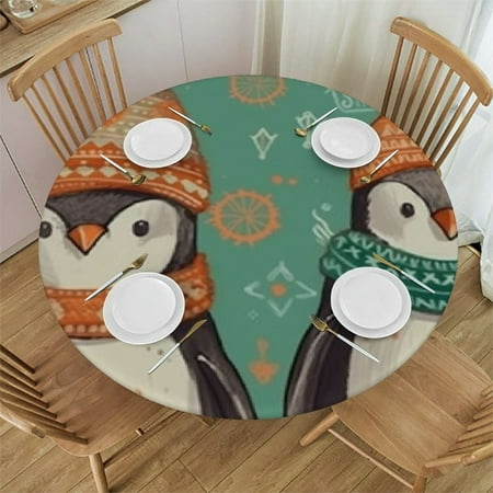 

Xllo0ord Fitted Round Tablecloth Cartoon Penguin Cute Penguins Wearing Funny Hats Green Table Cover Elastic Edged Table Cloth Fits Round Tables 38 -42