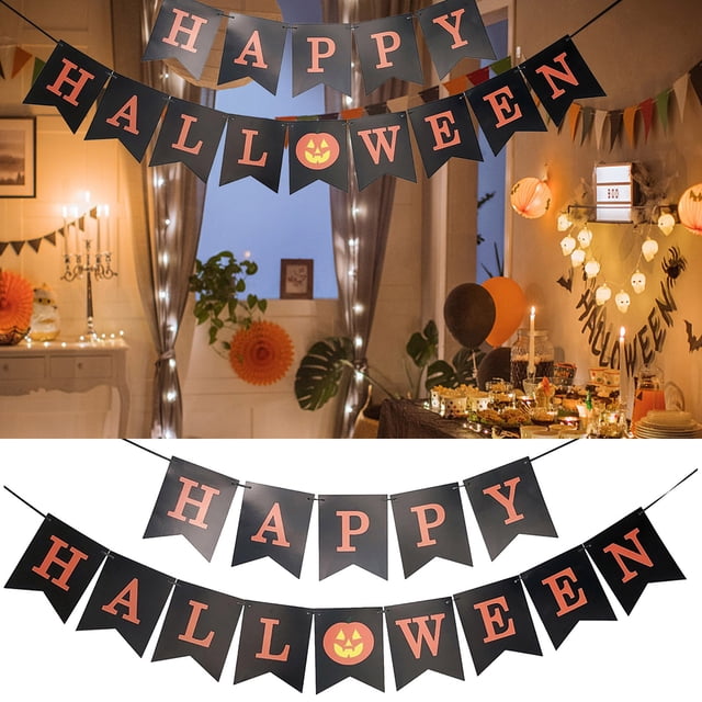 Pancarta de Halloween, banderín de tela con letras estampadas, ideal para decorar fiestas de Halloween en interiores y exteriores.