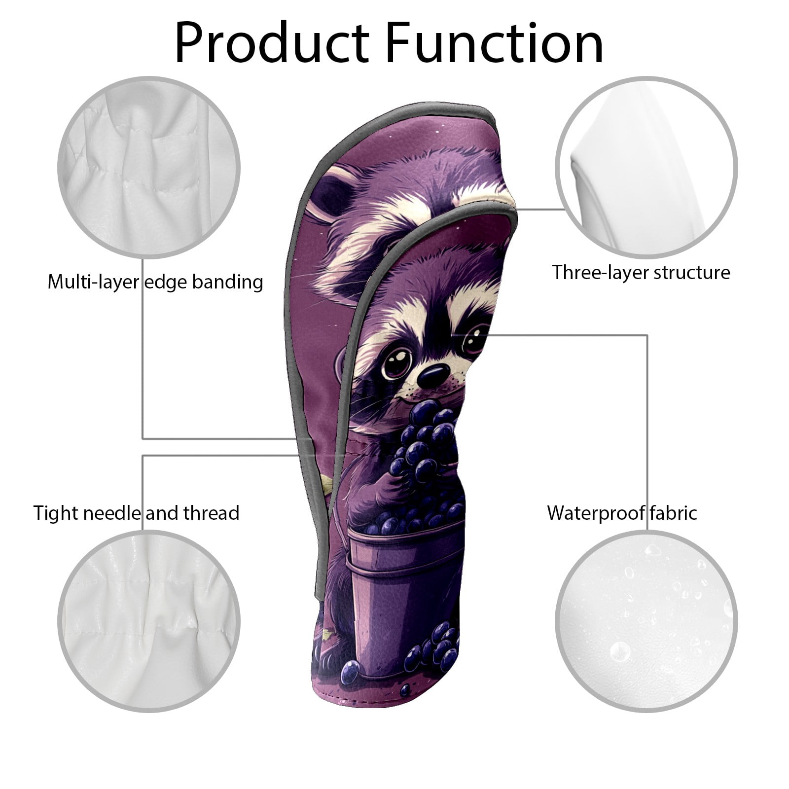 Golf Club Covers PU Leather Waterproof Head Covers for Fairway Woods Hybrids Cartoon Raccoon