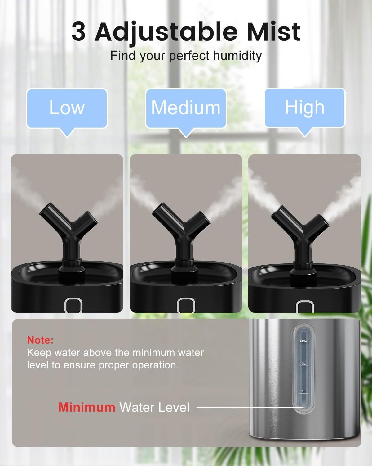 Stainless Steel Humidifier Easy Clean, 1Gal/4L Cool Mist Humidifiers for Bedroom, Dishwasher Safe Large Room, Black