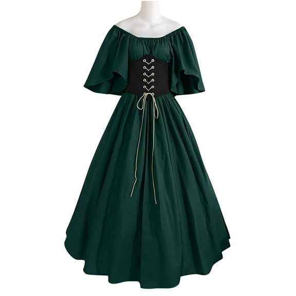 AOOCHASLIY Full Dress in Evening Women's Round Neck Dress Flare Sleeve Off Shoulder Medieval Vintage Dresses with Corset Patchwork Ball Gown