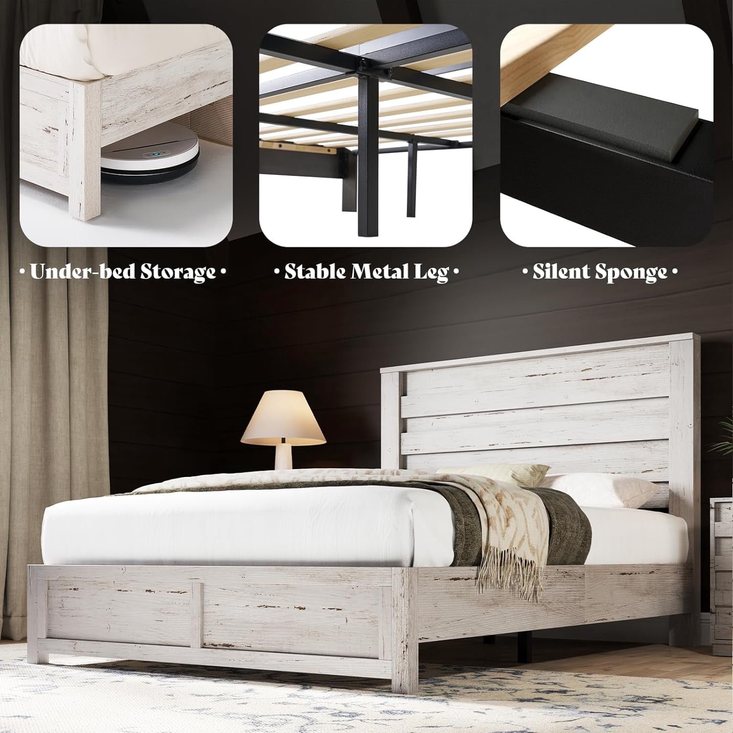 LUXOAK Queen Size Bed Frame with Natural Wood Platform, 49" Fluted Headboard, White