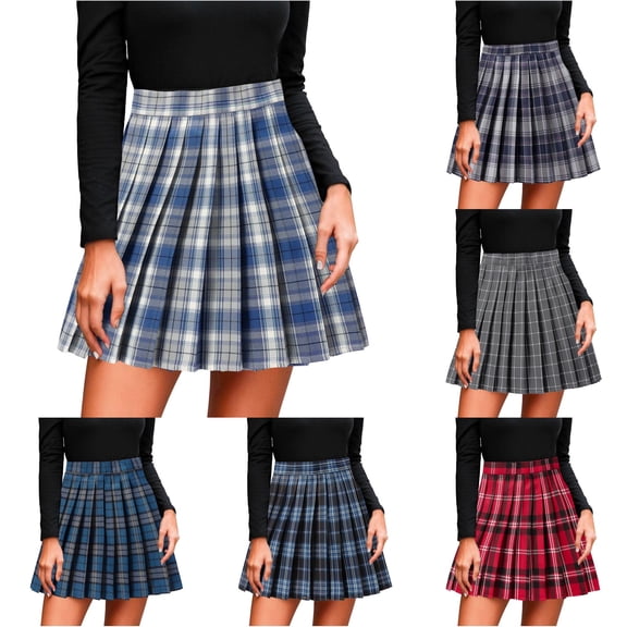 Rggeeun Womens Skirts Plaid Graphic Pleated Skirt A-Line Casual Mini Skirt Elastic Waist Evening Party,Blue,2XL