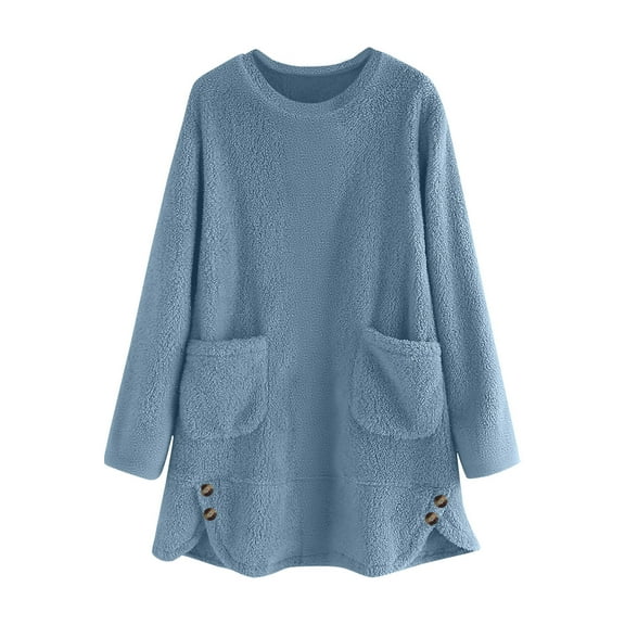 Lenpel Women's Fuzzy Fleece Sweatshirts Casual Long Sleeve Crewneck Side Split Hem Pullover Tunic Tops Plush Warm Sweatshirts with Pockets(Light Blue,X-Large)