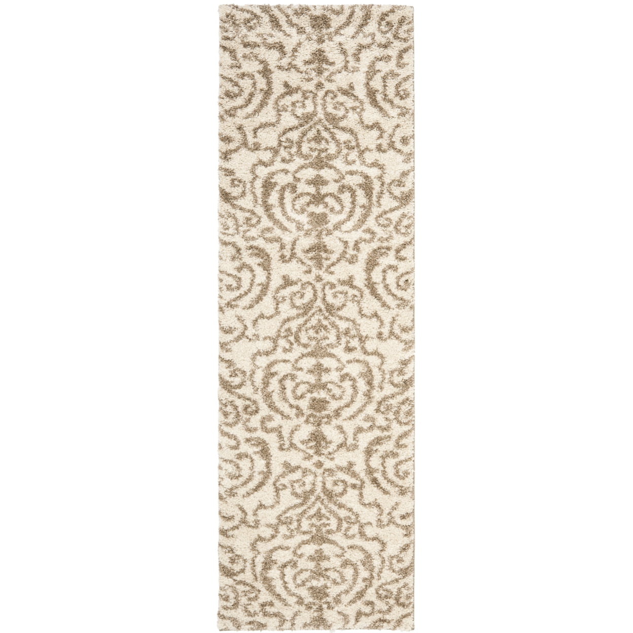 SAFAVIEH Florida Deangelo Damask Plush Shag Runner Rug, Cream/Beige, 2'3" x 9'