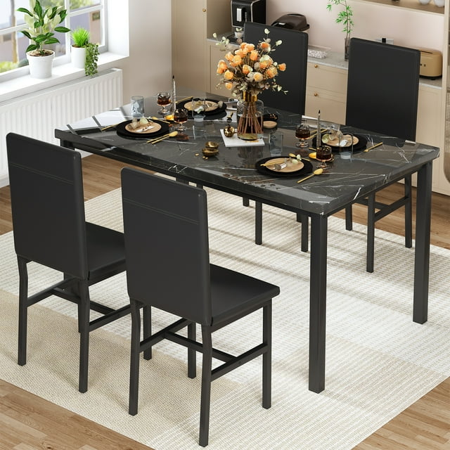 Stmoze Dining Table Set for 4, Faux Marble Dining Room Table and Chairs Set, 5 Pieces Rectangle Kitchen Table Set with Durable Leather Upholstered Chairs, for Dining Room, Kitchen, Black